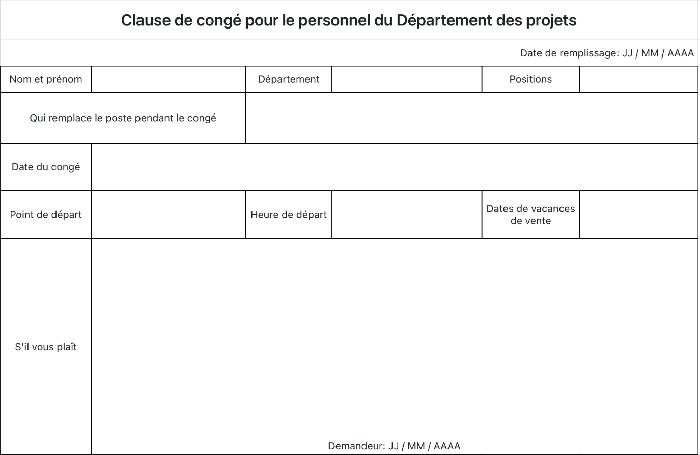 Clause de congé pour le personnel du Département des projets